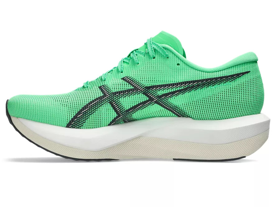 Men's Asics Magic Speed 5. Green upper. White midsole. Medial view.