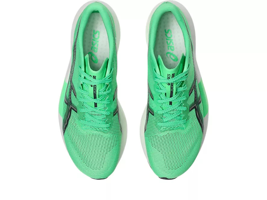 Men's Asics Magic Speed 5. Green upper. White midsole. Top view.