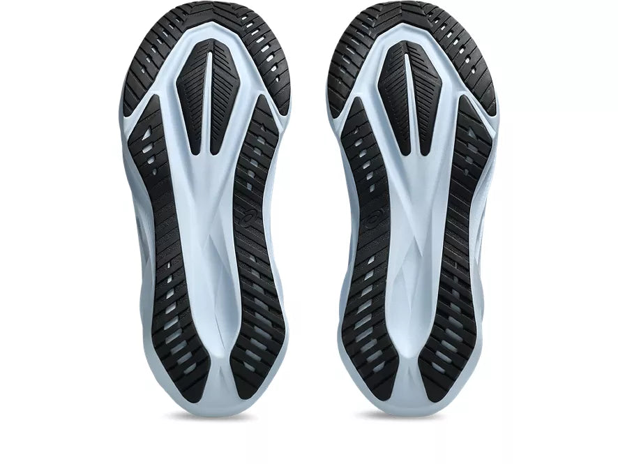 Men's Asics Novablast 5. Blue upper. Light Blue midsole. Bottom view.