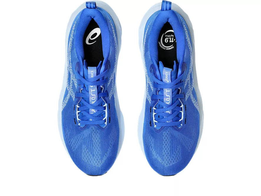 Men's Asics Novablast 5. Blue upper. Light Blue midsole. Top view.