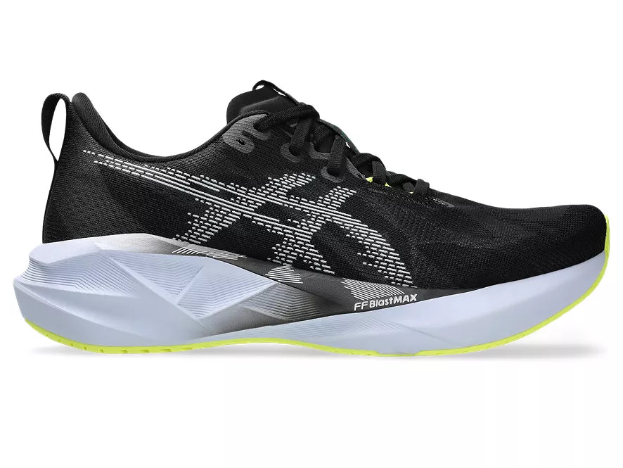 Men's Asics Novablast 5. Black upper. White midsole. Lateral view.