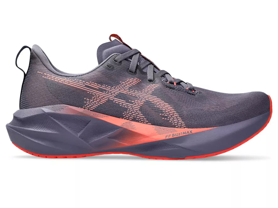 Men's Asics Novablast 5. Grey/Purple upper. Grey/Purple midsole. Lateral view.