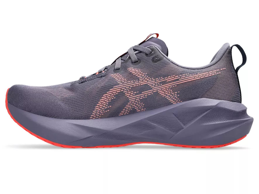 Men's Asics Novablast 5. Grey/Purple upper. Grey/Purple midsole. Medial view.