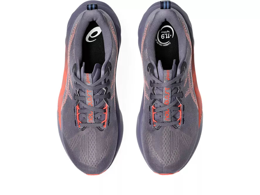 Men's Asics Novablast 5. Grey/Purple upper. Grey/Purple midsole. Top view.