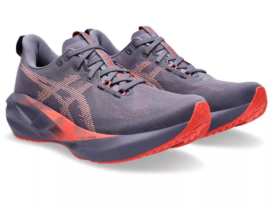 Men's Asics Novablast 5. Grey/Purple upper. Grey/Purple midsole. Lateral view.
