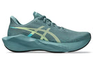 Men's Asics Novablast 6. Green upper. Green midsole. Lateral view.