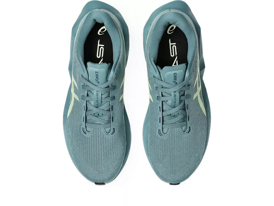 Men's Asics Novablast 6. Green upper. Green midsole. Top view.