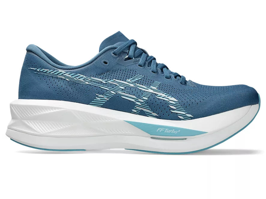 Men's Asics Sonicblast. Blue upper. White midsole. Lateral view.