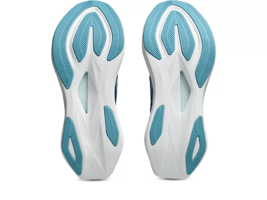 Men's Asics Sonicblast. Blue upper. White midsole. Bottom view.