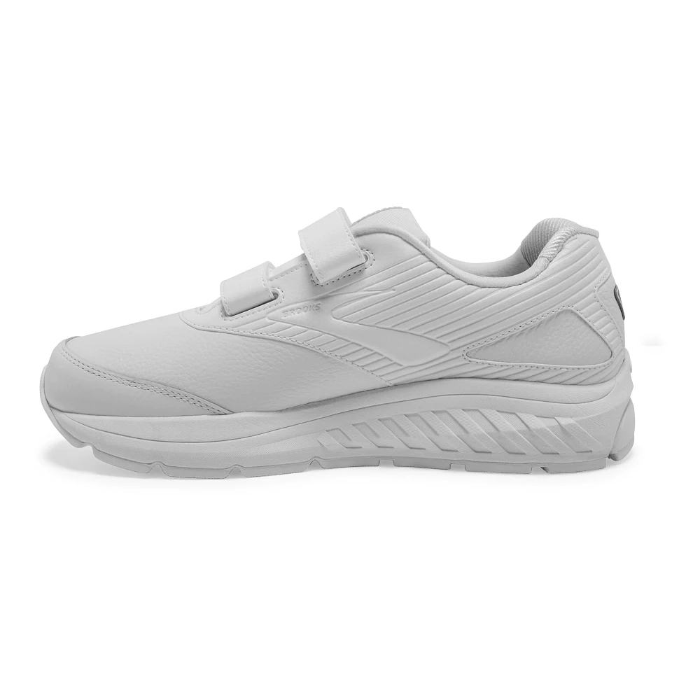 Men's Brooks Addiction Walker 2 V-Strap. White upper. White midsole. Medial view.