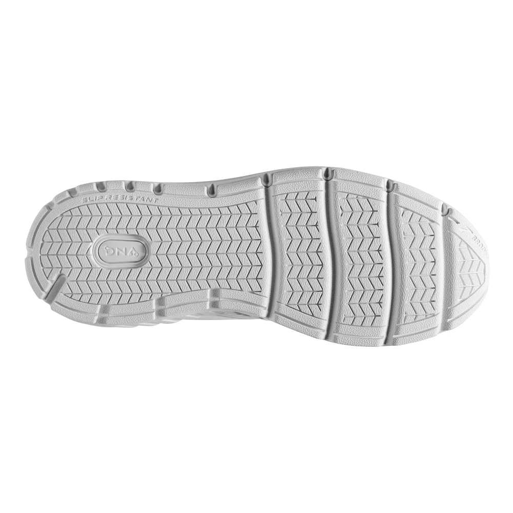 Men's Brooks Addiction Walker 2 V-Strap. White upper. White midsole. Bottom view.