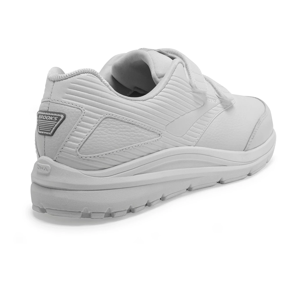 Men's Brooks Addiction Walker 2 V-Strap. White upper. White midsole. Rear/Lateral view.