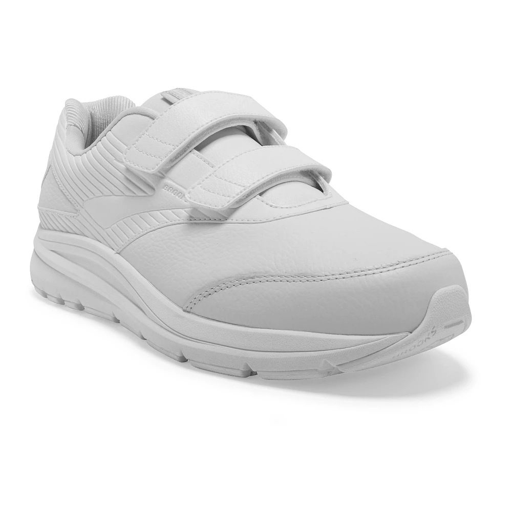 Men's Brooks Addiction Walker 2 V-Strap. White upper. White midsole. Lateral view.