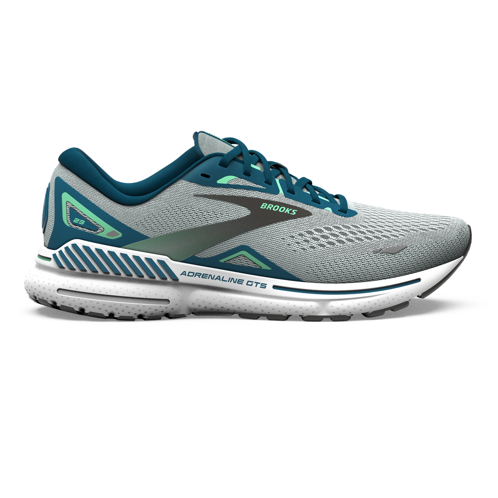 Men's Brooks Adrenaline GTS 23. Grey upper. White midsole. Lateral view.