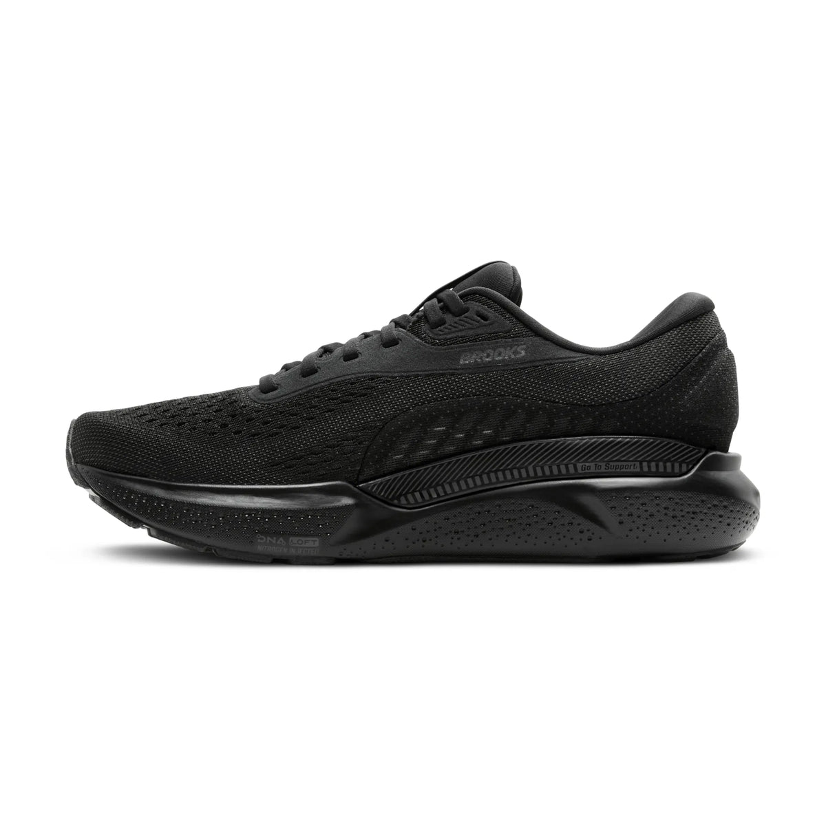 Men's Brooks Adrenaline GTS 24. Black upper. Black midsole. Medial view.