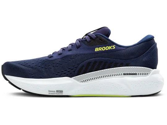 Men's Brooks Adrenaline GTS 24. Dark Blue upper. White midsole. Medial view.
