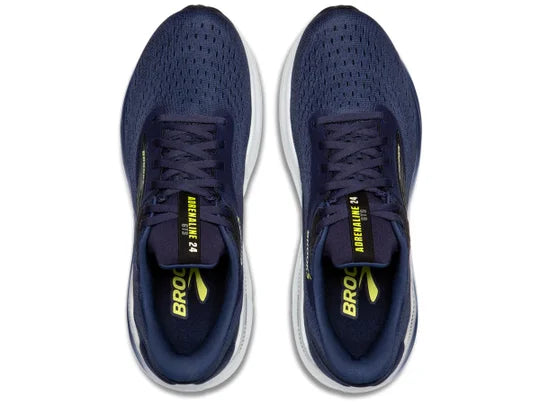 Men's Brooks Adrenaline GTS 24. Dark Blue upper. White midsole. Top view.