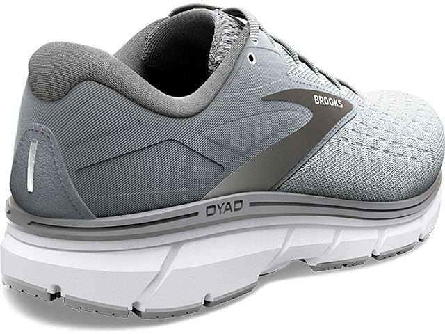 Men's Brooks Dyad 11. Grey upper. White midsole. Rear/Lateral view.