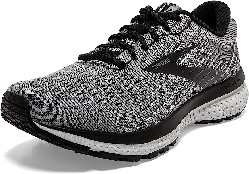 Men's Brooks Ghost 13. Grey upper. White midsole. Lateral view.