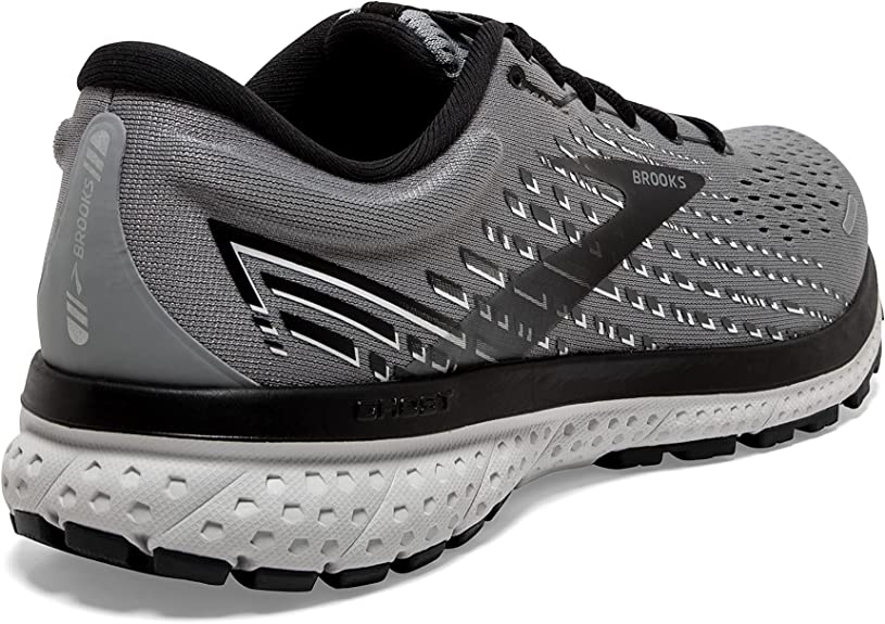Men's Brooks Ghost 13. Grey upper. White midsole. Rear/Lateral view.