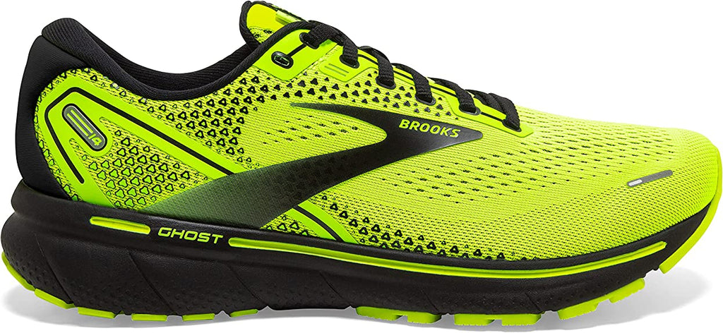 Men's Brooks Ghost 14. Yellow upper. Black midsole. Lateral view.