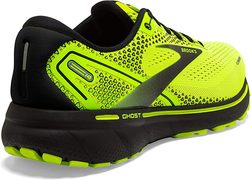 Men's Brooks Ghost 14. Yellow upper. Black midsole. Rear/Lateral view.