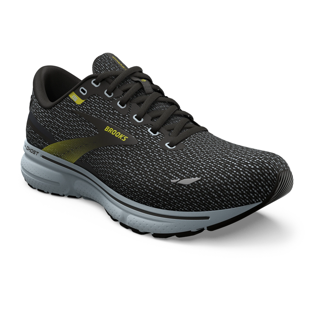 Men's Brooks Ghost 15. Black upper. Grey midsole. Lateral view.