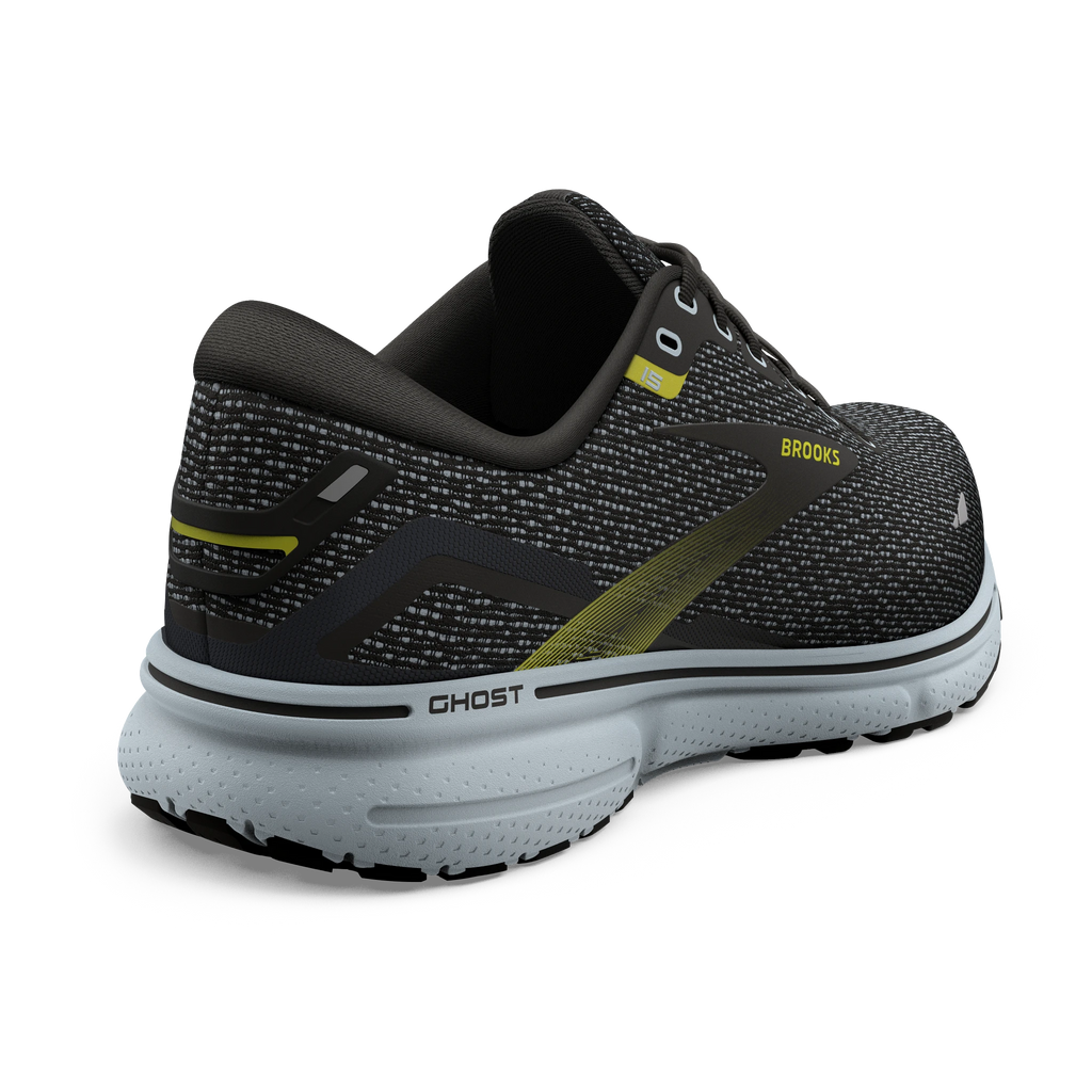Men's Brooks Ghost 15. Black upper. Grey midsole. Rear/Lateral view.