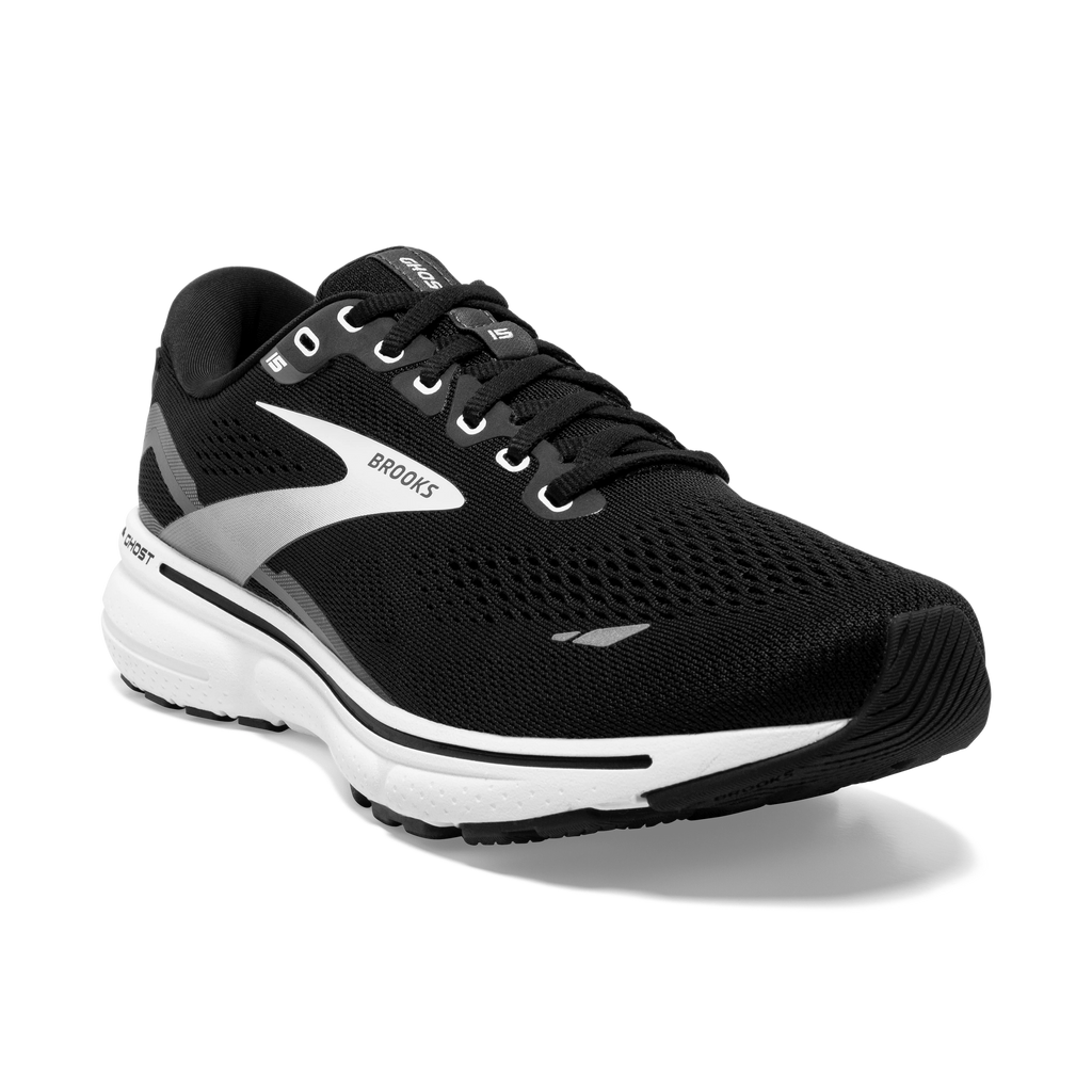 Men's Brooks Ghost 15. Black upper. White midsole. Lateral view.