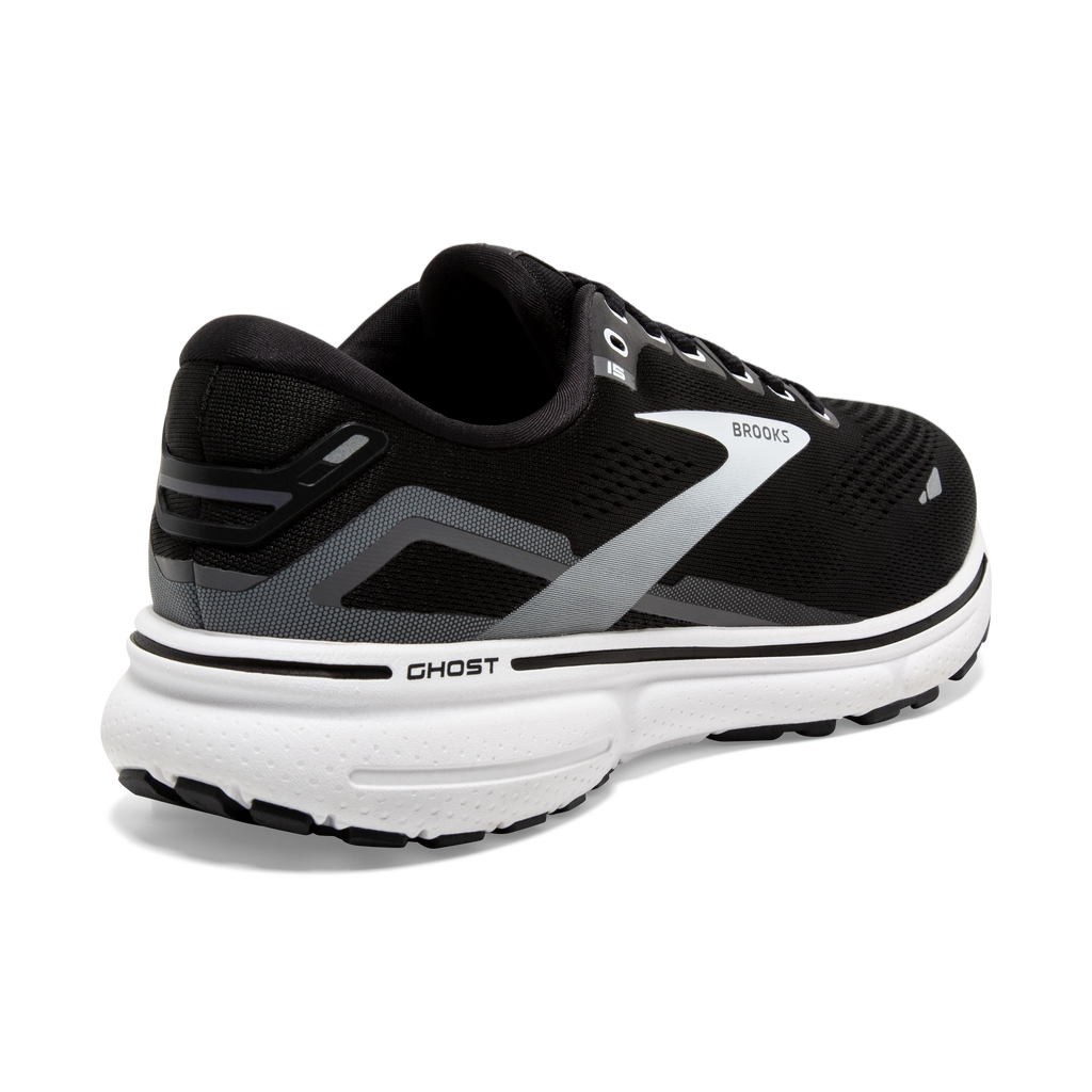 Men's Brooks Ghost 15. Black upper. White midsole. Rear/Lateral view.