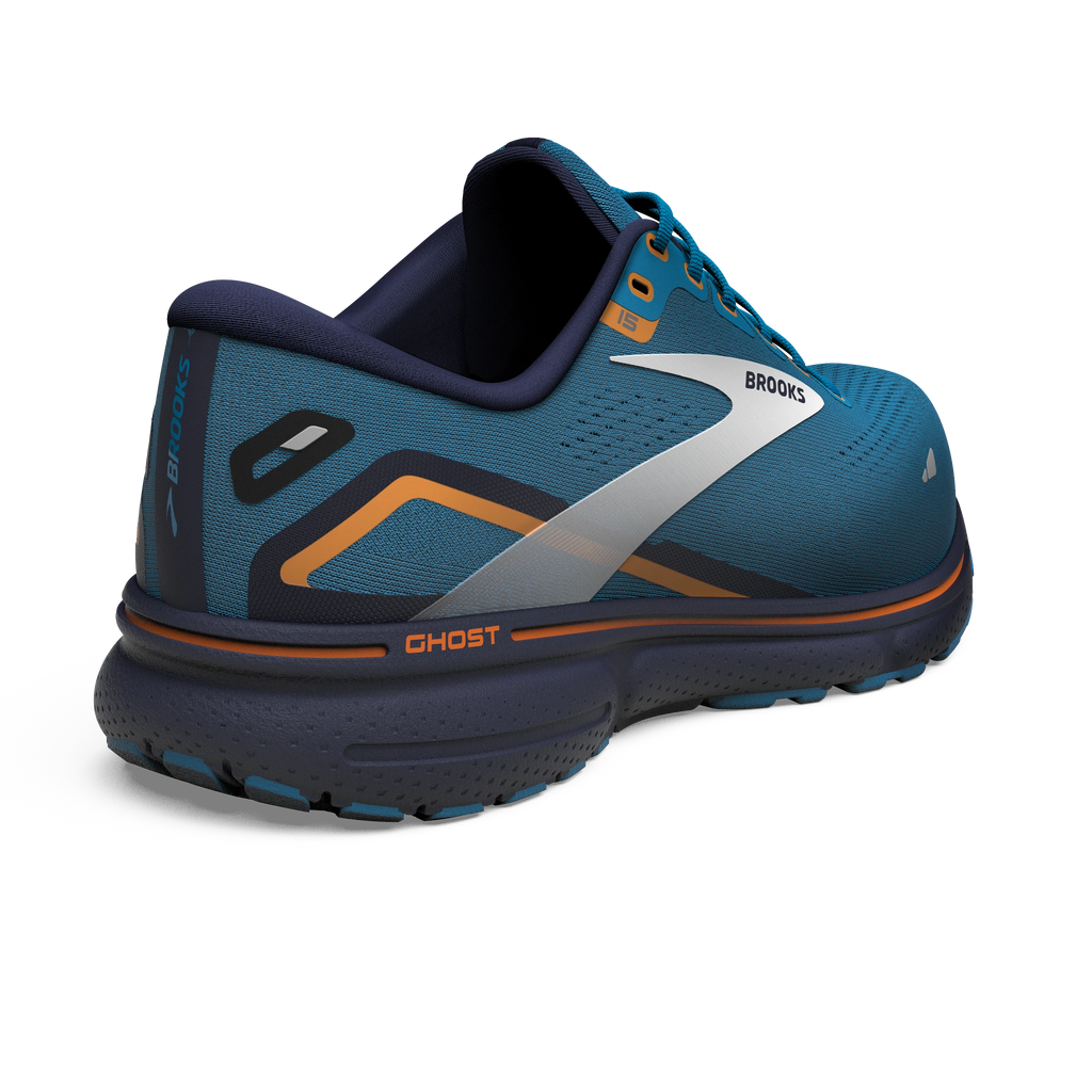Men's Brooks Ghost 15 GTX. Blue upper. Navy midsole. Rear/Lateral view.