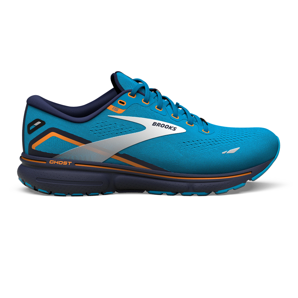 Men's Brooks Ghost 15 GTX. Blue upper. Navy midsole. Lateral view.