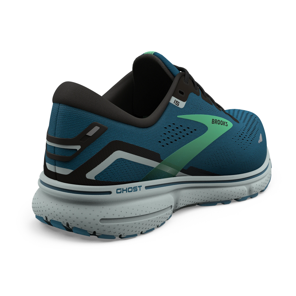 Men's Brooks Ghost 15. Blue upper. White midsole. Rear/Lateral view.
