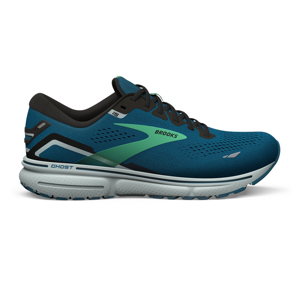 Men's Brooks Ghost 15. Blue upper. White midsole. Lateral view.
