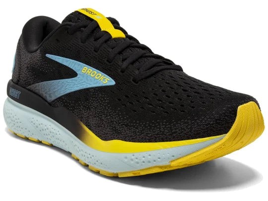 Men's Brooks Ghost 16. Black upper. White midsole. Lateral view.