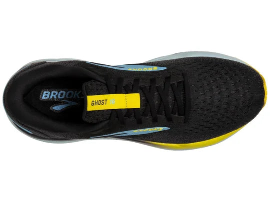 Men's Brooks Ghost 16. Black upper. White midsole. Top view.