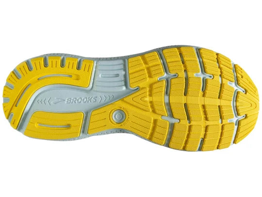 Men's Brooks Ghost 16. Black upper. White midsole. Bottom view.