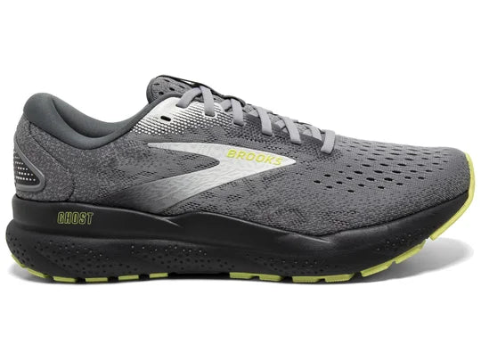 Men's Brooks Ghost 16. Grey upper. Black midsole. Lateral view.