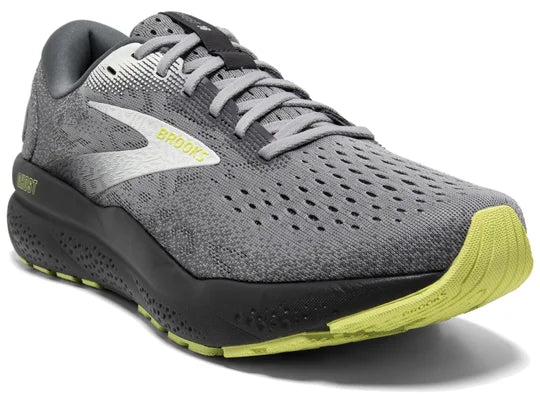 Men's Brooks Ghost 16. Grey upper. Black midsole. Lateral view.