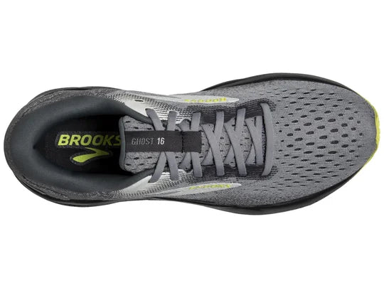 Men's Brooks Ghost 16. Grey upper. Black midsole. Top view.