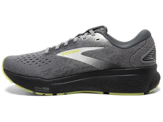 Men's Brooks Ghost 16. Grey upper. Black midsole. Medial view.