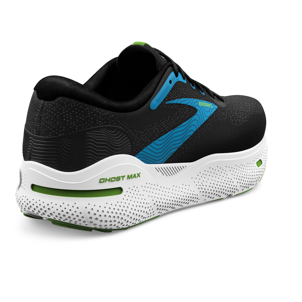 Men's Brooks Ghost Max. Black upper. White midsole. Rear/Lateral view.