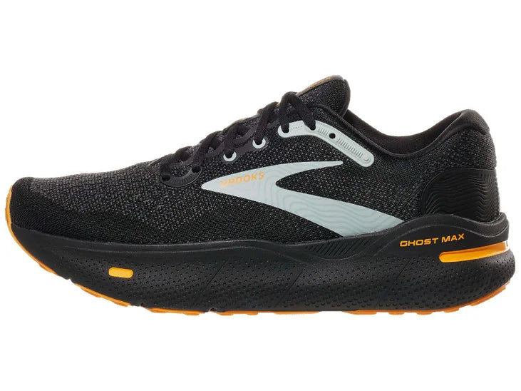 Men's Brooks Ghost Max. Black upper. Black midsole. Lateral view.