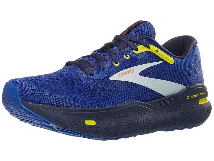 Men's Brooks Ghost Max. Blue upper. Black midsole. Lateral view.