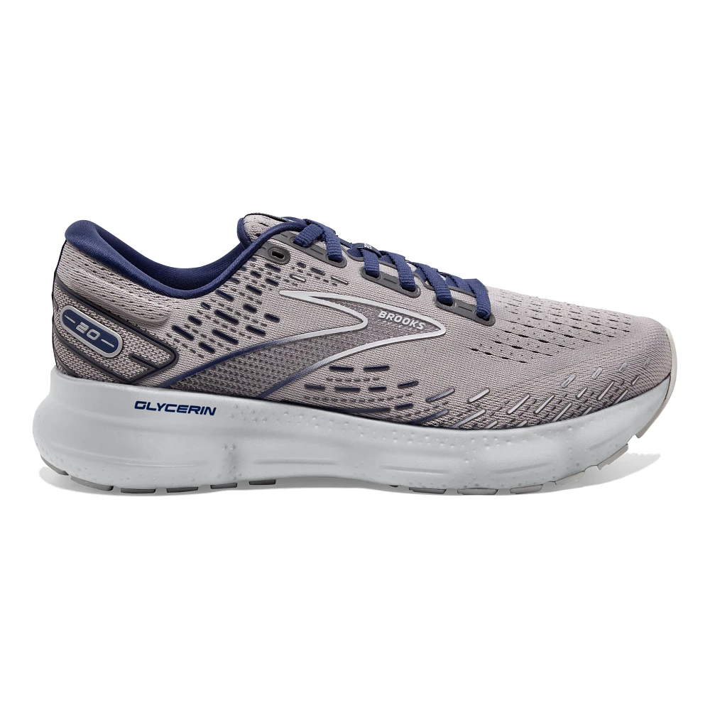 Men's Brooks Glycerin 20. Grey upper. Grey midsole. Lateral view.