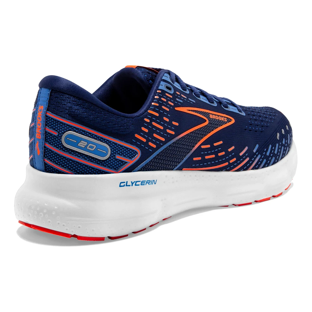 Men's Brooks Glycerin 20. Blue upper. White midsole. Rear/Lateral view.