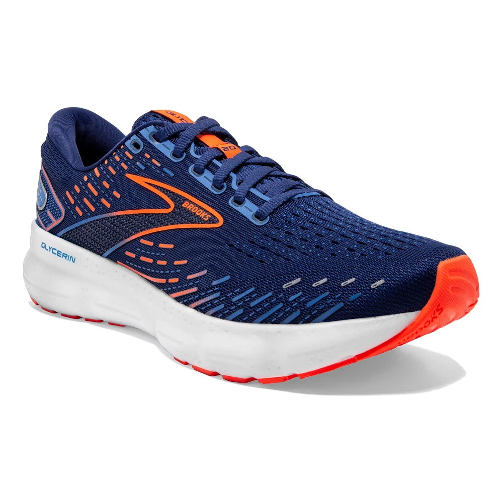 Men's Brooks Glycerin 20. Blue upper. White midsole. Lateral view.