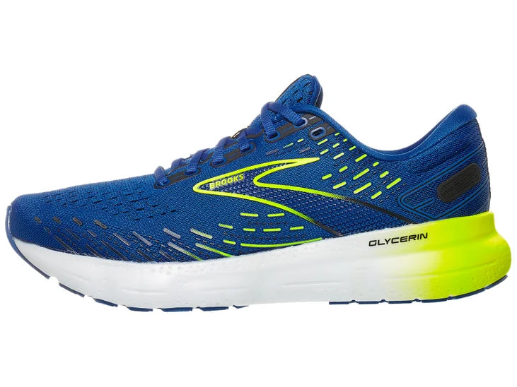 Men's Brooks Glycerin 20. Blue upper. White midsole. Lateral view.
