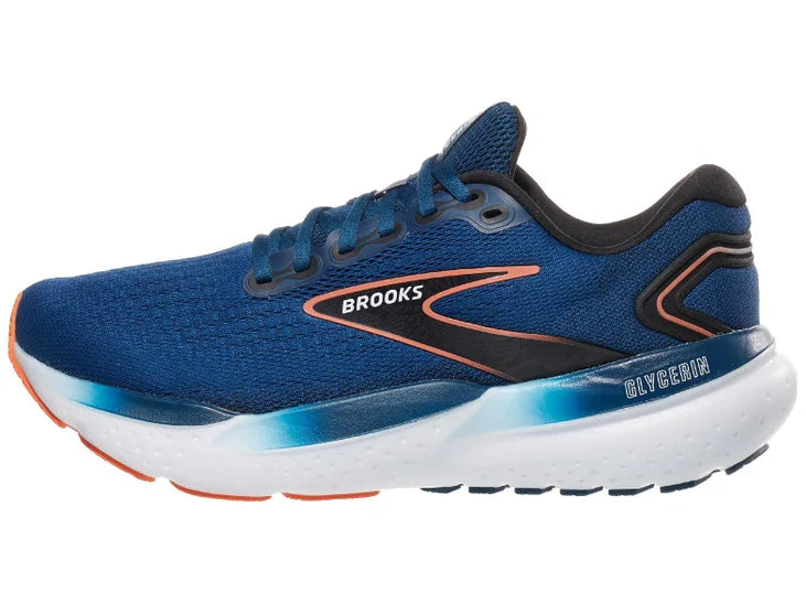 Men's Brooks Glycerin 21. Blue upper. White midsole. Lateral view.