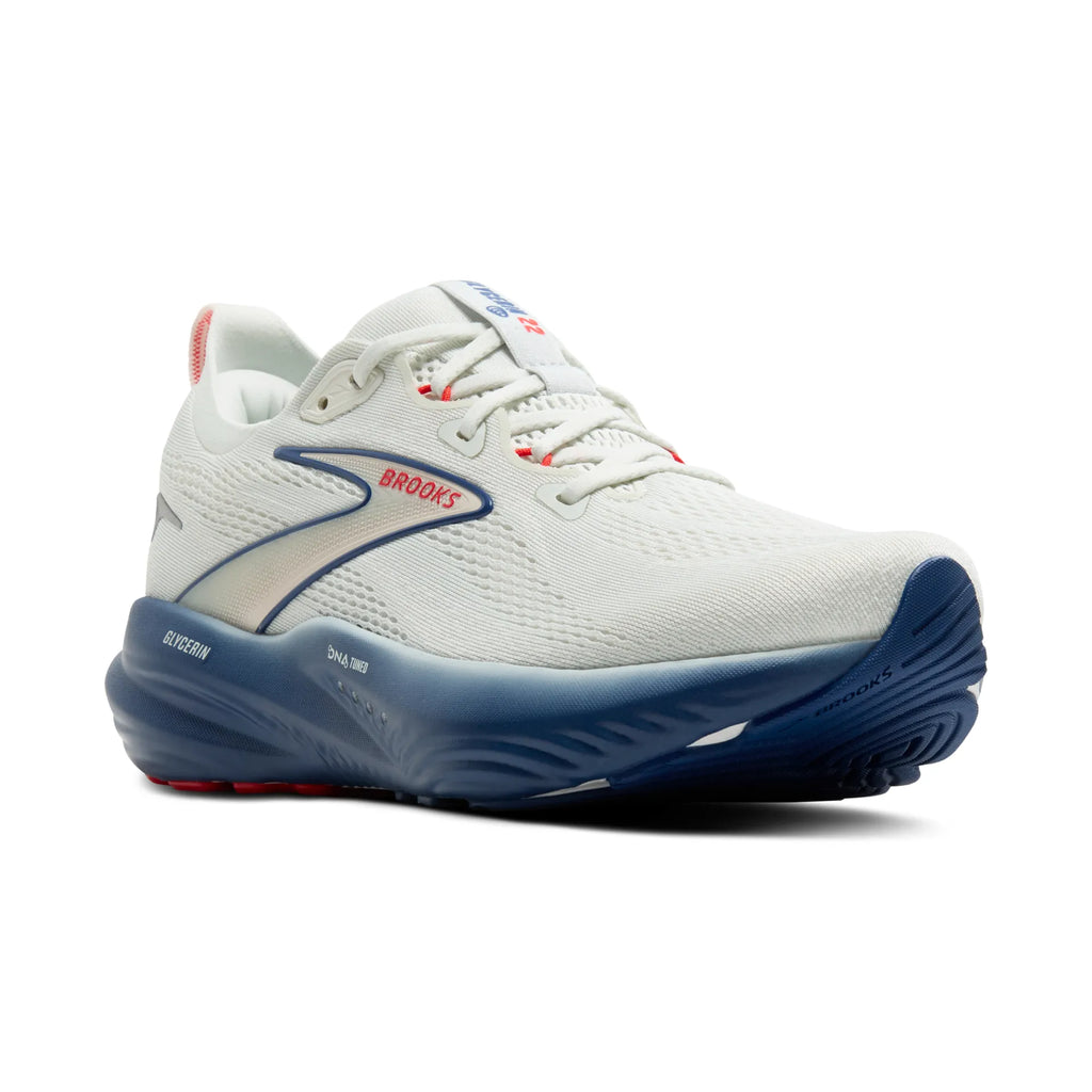 Men's Brooks Glycerin 22. White upper. Navy midsole. Lateral view.